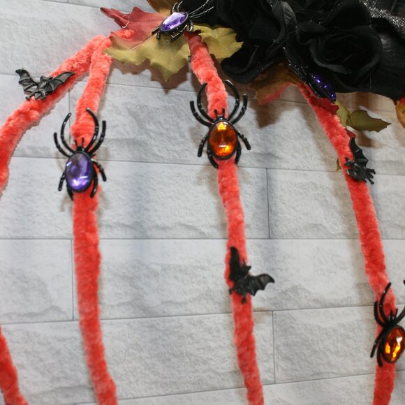 HAND CRAFTED Wreath Halloween Holiday Pumpkin Spiders Bats Orange Door Wall Art - Picture 3 of 11